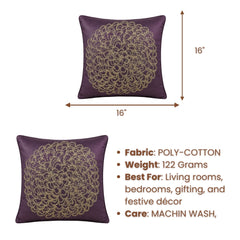 Machine Crafted Purple Cushion Cover – 16"x16" | Elegant Gold Floral Embroidery | Premium Poly-Cotton Decorative Cushion Cover