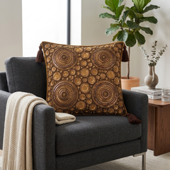 Hand Crafted Cushion Cover – Brown | 16"x16" | Poly Cotton | Embroidered Circular Design