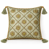 Hand Crafted Cushion Cover – Green | 12"x12" | Poly Cotton | Embroidered Floral Diamond Pattern with Tassels