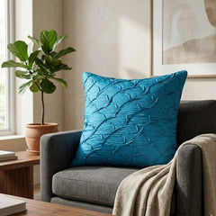 Fabric Crafted Cushion Cover – Turquoise | 16"x16" | Poly Cotton Fabric | Elegant Crinkle Texture Design