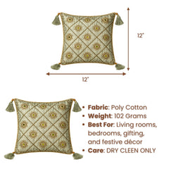 Hand Crafted Cushion Cover – Green | 12"x12" | Poly Cotton | Embroidered Floral Diamond Pattern with Tassels