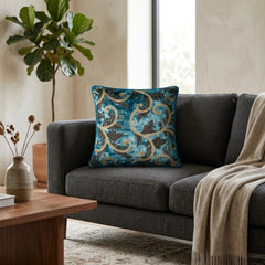 Fabric Crafted Cushion Cover – Turquoise | 12"x12" | Poly Chenille Fabric | Embroidered Floral Scroll Design