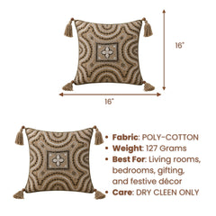 Premium Light Gold Decorative Cushion Cover | 16"x16" Embroidered Tassel Cushion Cover
