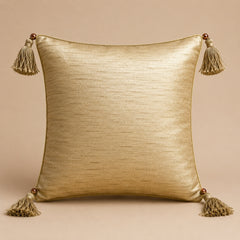 Premium Light Gold Decorative Cushion Cover | 16"x16" Embroidered Tassel Cushion Cover