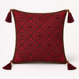 Hand Crafted Cushion Cover – Maroon | 12"x12" | Poly Cotton | Embroidered Floral Diamond Pattern with Tassels
