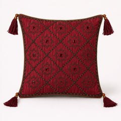 Hand Crafted Cushion Cover – Maroon | 12"x12" | Poly Cotton | Embroidered Floral Diamond Pattern with Tassels