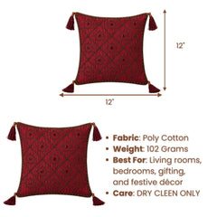 Hand Crafted Cushion Cover – Maroon | 12"x12" | Poly Cotton | Embroidered Floral Diamond Pattern with Tassels
