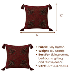 Maroon Embroidered Decorative Cushion Cover | 12"x12" Premium Tassel Cushion Cover