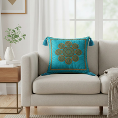 Handcrafted Turquoise Cushion Cover – 16"x16" | Royal Mandala Embroidery | Tassel Detailing | Premium Poly Cotton