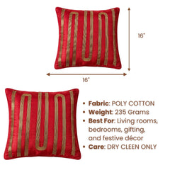 Hand Crafted Cushion Cover – Maroon | 16"x16" | Poly Cotton | Embroidered Stripe Design