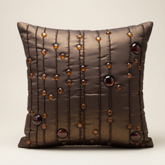 Handcrafted Brown Cushion Cover – 16"x16" | Decorative Bead & Thread Work | Premium Poly Cotton