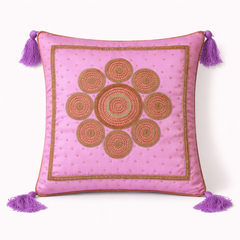 Handcrafted Pink Cushion Cover – 16"x16" | Ornate Circular Embroidery | Tassel Accents | Premium Poly Cotton