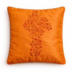 Hand Crafted Cushion Cover – Orange | 12"x12" | Poly Cotton | Embroidered Floral Design