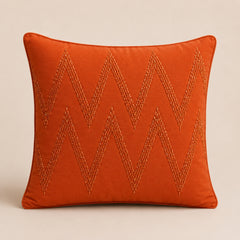 Handcrafted Cushion Cover – Orange | 12"x12" | Zigzag Embroidered Decorative Cushion Cover