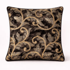 Fabric Crafted Cushion Cover – Black | 12"x12" | Poly Chenille Fabric | Embroidered Floral Vine Design