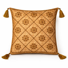 Hand Crafted Cushion Cover – Golden | 16"x16" | Poly Cotton | Embroidered Floral Diamond Pattern with Tassels