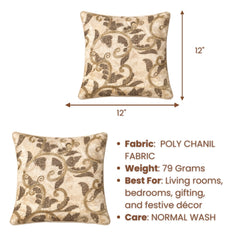 Fabric Crafted Cushion Cover – Cream | 12"x12" | Poly Chenille Fabric | Embroidered Floral Vine Design