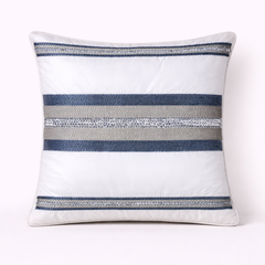 Handcrafted Off-White Cushion Cover – 16"x16" | Striped Embellished Design | Premium Poly Cotton
