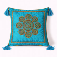 Handcrafted Turquoise Cushion Cover – 16"x16" | Royal Mandala Embroidery | Tassel Detailing | Premium Poly Cotton