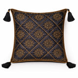Hand Crafted Cushion Cover – Black | 16"x16" | Poly Cotton | Embroidered Floral Diamond Pattern with Tassels