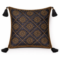 Hand Crafted Cushion Cover – Black | 16"x16" | Poly Cotton | Embroidered Floral Diamond Pattern with Tassels