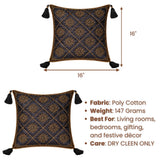 Hand Crafted Cushion Cover – Black | 16"x16" | Poly Cotton | Embroidered Floral Diamond Pattern with Tassels