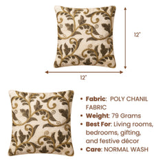 Fabric Crafted Cushion Cover – Beige | 12"x12" | Poly Chenille Fabric | Embroidered Floral Vine Design