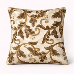 Fabric Crafted Cushion Cover – Gold | 12"x12" | Poly Chenille Fabric | Embroidered Floral Vine Design