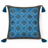Hand Crafted Cushion Cover – Blue | 16"x16" | Poly Cotton | Embroidered Floral Diamond Pattern with Tassels