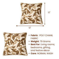 Fabric Crafted Cushion Cover – Gold | 12"x12" | Poly Chenille Fabric | Embroidered Floral Vine Design