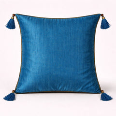 Hand Crafted Cushion Cover – Blue | 16"x16" | Poly Cotton | Embroidered Floral Diamond Pattern with Tassels