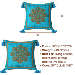 Handcrafted Turquoise Cushion Cover – 16"x16" | Royal Mandala Embroidery | Tassel Detailing | Premium Poly Cotton