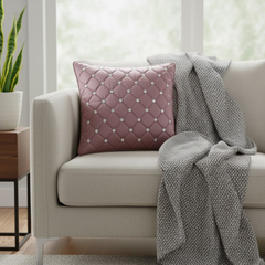 Handcrafted Mauve Cushion Cover – 16"x16" | Premium Poly-Cotton Matty | Crystal-Studded Diamond Quilting | Elegant Luxury Décor