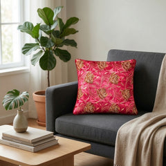 Fabric Crafted Cushion Cover – Pink | 12"x12" | Poly Chenille Fabric | Embroidered Floral Design