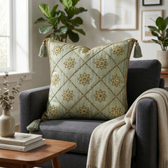 Hand Crafted Cushion Cover – Green | 16"x16" | Poly Cotton | Embroidered Floral Diamond Pattern with Tassels