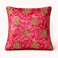 Fabric Crafted Cushion Cover – Pink | 12"x12" | Poly Chenille Fabric | Embroidered Floral Design
