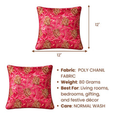 Fabric Crafted Cushion Cover – Pink | 12"x12" | Poly Chenille Fabric | Embroidered Floral Design