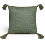 Hand Crafted Cushion Cover – Green | 16"x16" | Poly Cotton | Embroidered Floral Diamond Pattern with Tassels