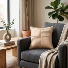 Fabric Crafted Cushion Cover – Light Brown | 12"x12" | Poly Cotton Foam | Panel Ribbed Design