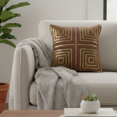 Handcrafted Brown Cushion Cover – 16"x16" | Premium Poly Cotton | Heavy Embroidered Square Design
