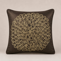 Machine Crafted Brown Cushion Cover – 16"x16" | Elegant Gold Floral Embroidery | Premium Poly-Cotton Decorative Cushion Cover