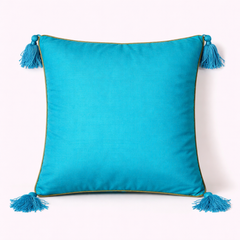 Handcrafted Turquoise Cushion Cover – 16"x16" | Royal Mandala Embroidery | Tassel Detailing | Premium Poly Cotton