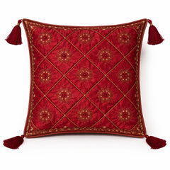 Red Hand Crafted Cushion Cover | 16"x16" | Poly Cotton | Embroidered Floral Diamond Design with Tassels