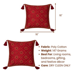 Red Hand Crafted Cushion Cover | 16"x16" | Poly Cotton | Embroidered Floral Diamond Design with Tassels