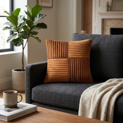 Fabric Crafted Cushion Cover – Brown | 12"x12" | Poly Cotton Foam | Panel Ribbed Design