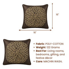 Machine Crafted Brown Cushion Cover – 16"x16" | Elegant Gold Floral Embroidery | Premium Poly-Cotton Decorative Cushion Cover