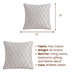 Fabric Crafted Cushion Cover – White | 12"x12" | Poly Cotton Fabric | Elegant Embossed Wavy Pattern Design
