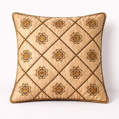 B Gold Hand Crafted Cushion Cover | 16"x16" | Poly Cotton | Embroidered Floral Diamond Design | Without Tassels