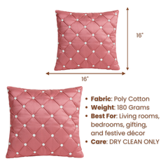 Handcrafted Pink Cushion Cover – 16"x16" | Premium Poly Cotton | Crystal-Studded Diamond Quilting | Elegant Festive Home Décor
