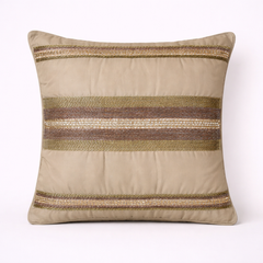 Handcrafted Khaki Cushion Cover – 16"x16" | Striped Embellished Design | Premium Poly Cotton